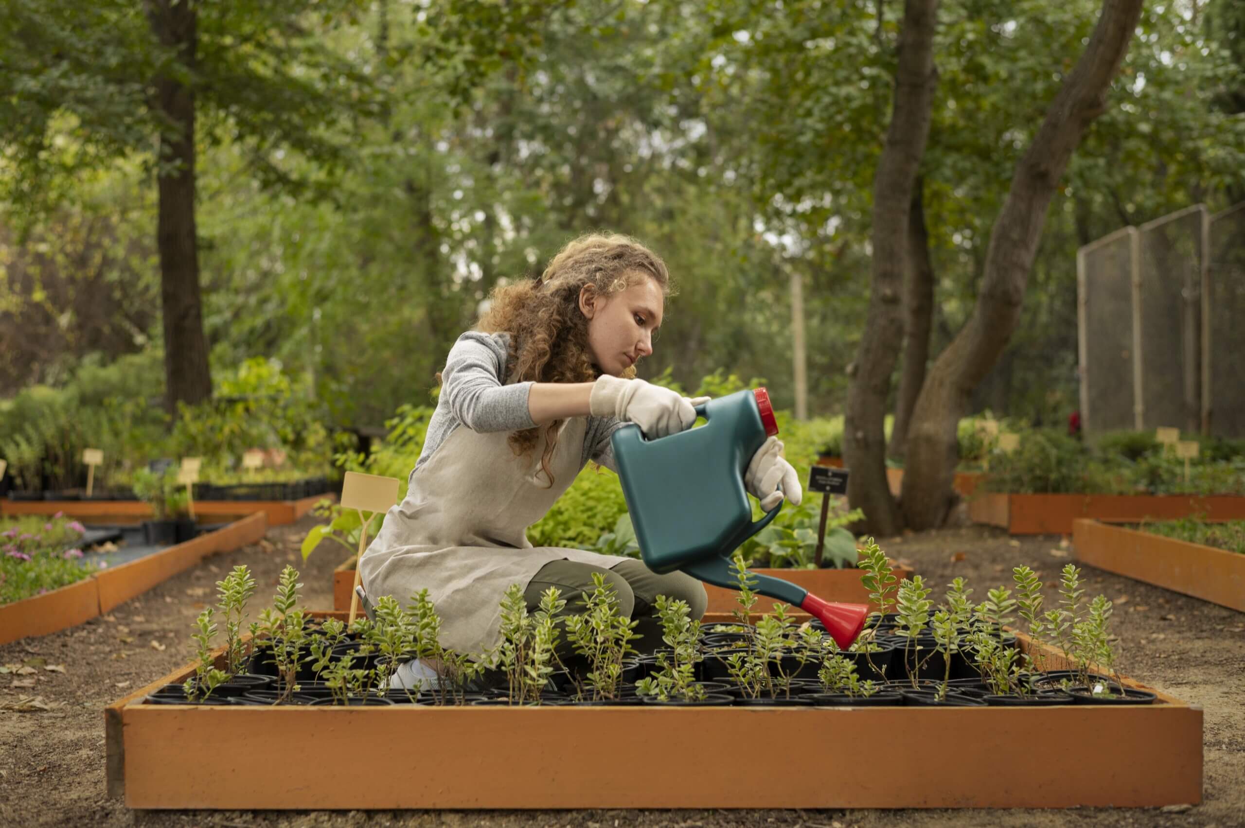 A woman watering the plants